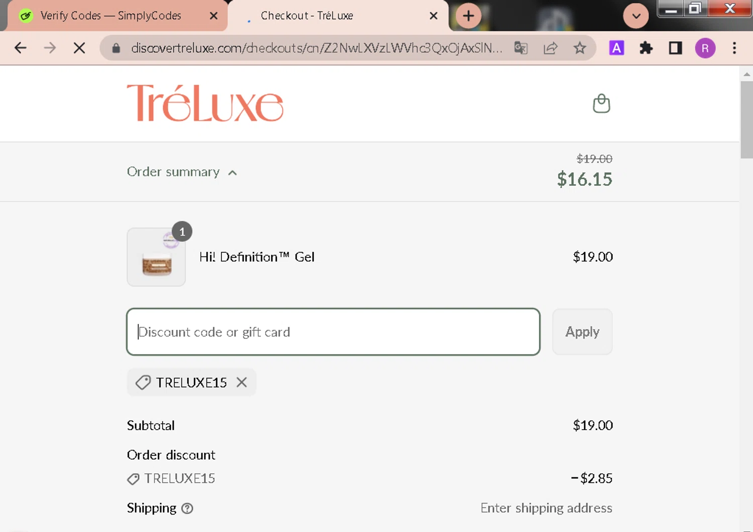 TréLuxe promo code screenshot showing code TRELUXE15 applied at TréLuxe checkout page. Uploaded by SimplyCodes community member BrilliantHawk1197 on Apr 21, 2025