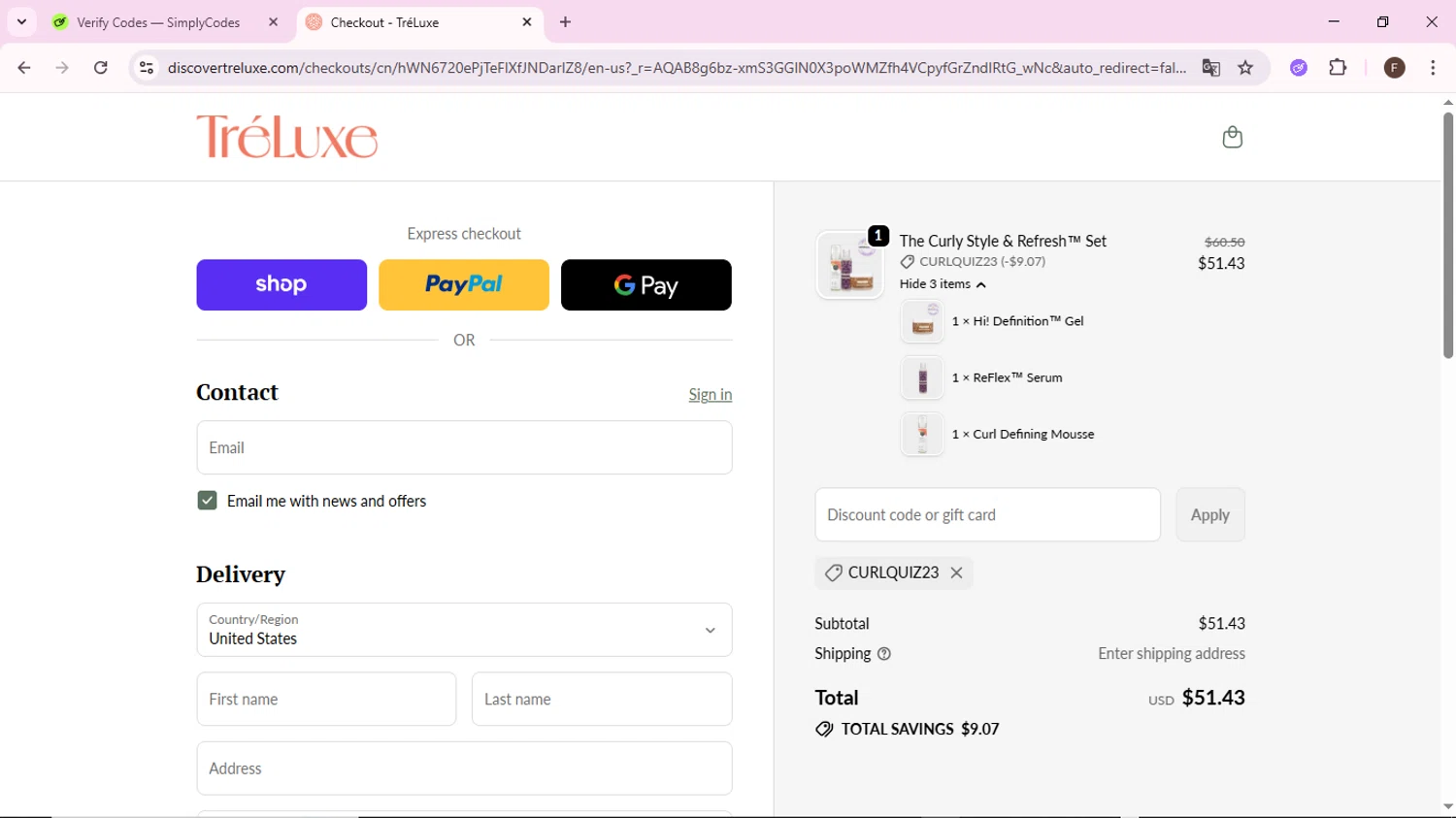 TréLuxe promo code screenshot showing code CURLQUIZ23 applied at TréLuxe checkout page. Uploaded by SimplyCodes community member BargainShopper1802 on Dec 6, 2025