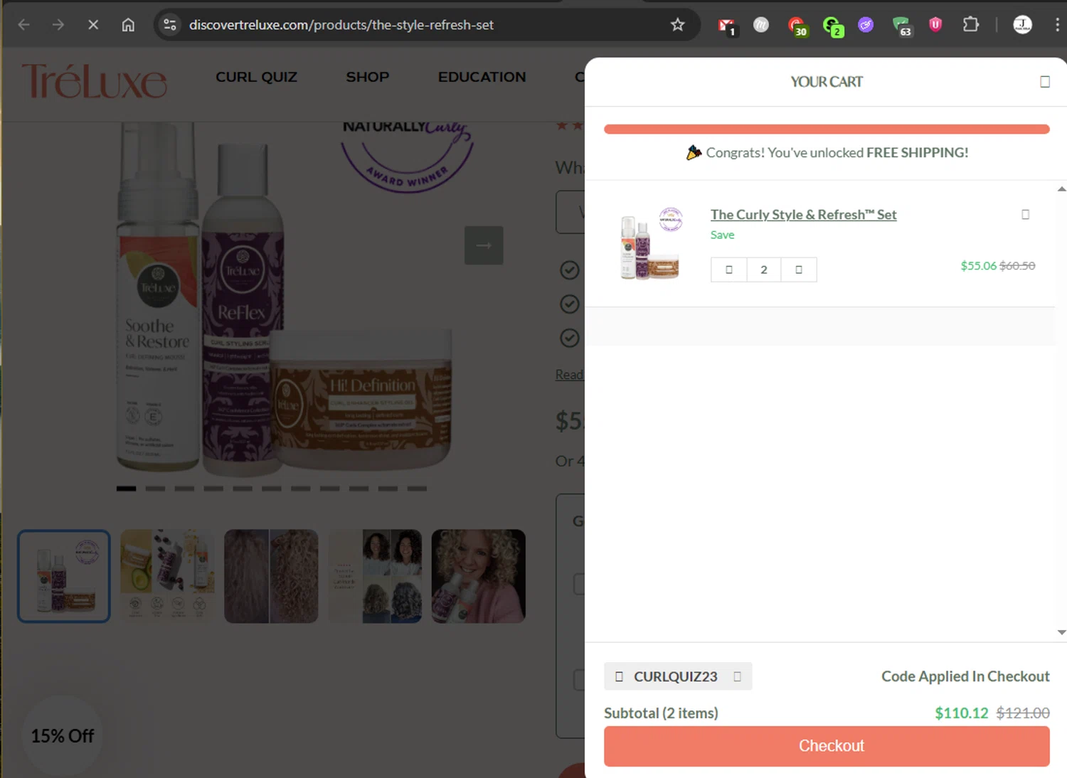 TréLuxe promo code screenshot showing code CURLQUIZ23 applied at TréLuxe checkout page. Uploaded by SimplyCodes community member couponcheck01 on Jul 24, 2025