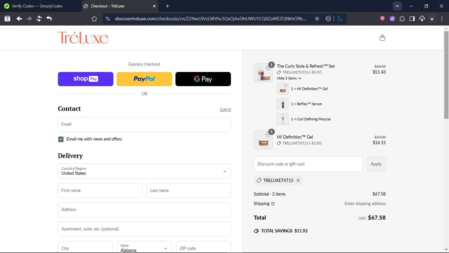 TréLuxe promo code screenshot showing code TRELUXETXT15 applied at TréLuxe checkout page. Uploaded by SimplyCodes community member BrilliantTitan6909 on Jun 15, 2025