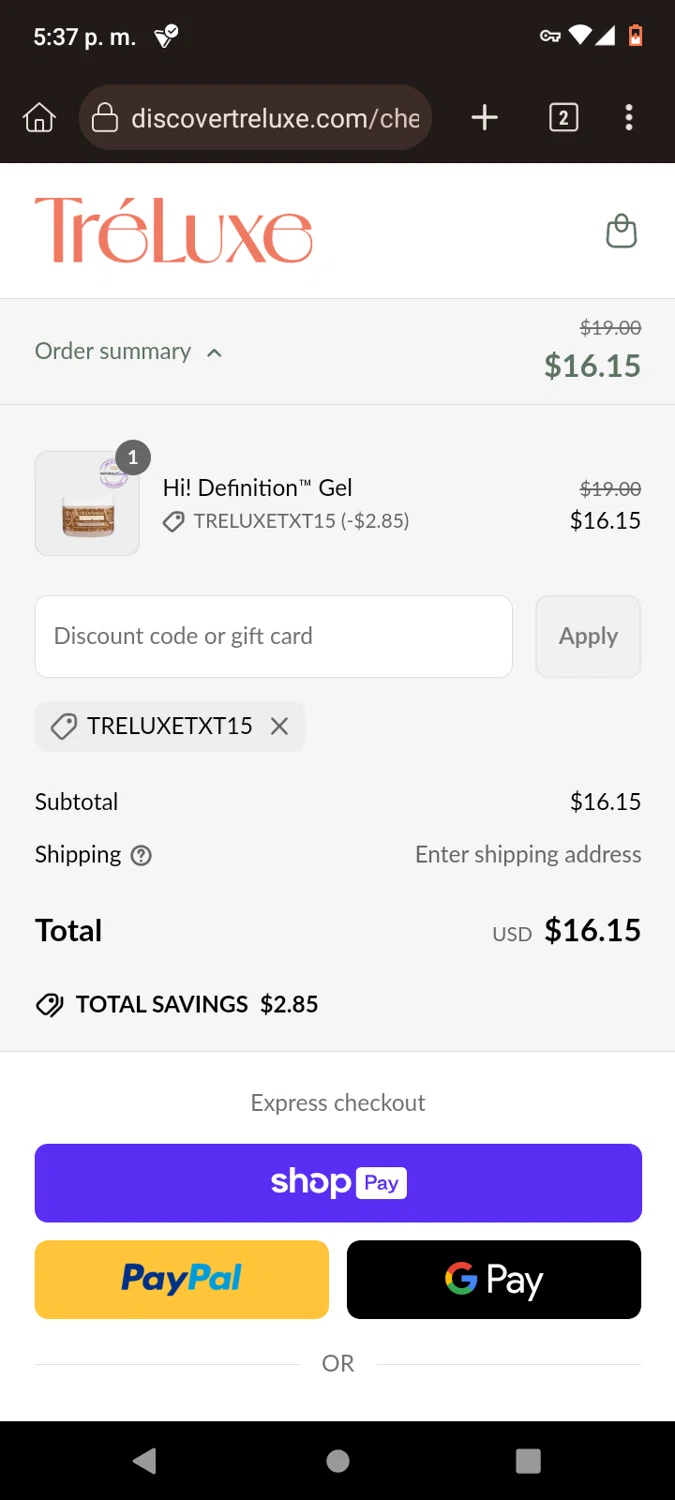 TréLuxe promo code screenshot showing code TRELUXETXT15 applied at TréLuxe checkout page. Uploaded by SimplyCodes community member Losmascapitos on May 1, 2025