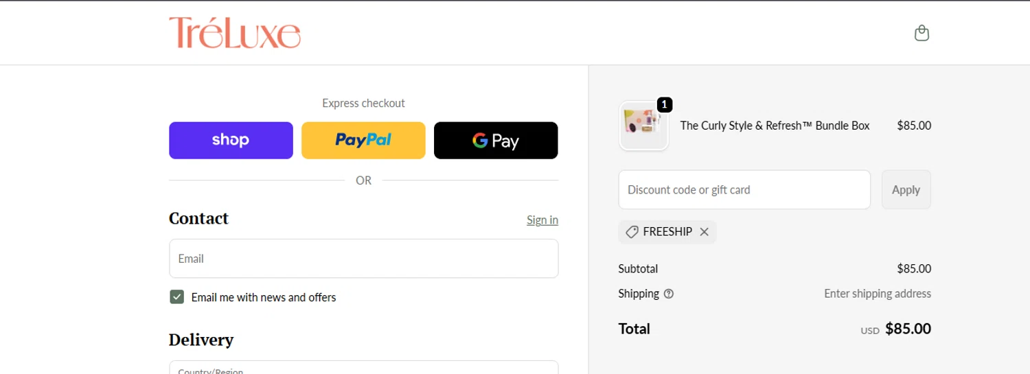 TréLuxe promo code screenshot showing code FREESHIP applied at TréLuxe checkout page. Uploaded by SimplyCodes community member ashe1986 on Sep 18, 2025