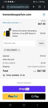 WELCOME30 coupon verification screenshot
