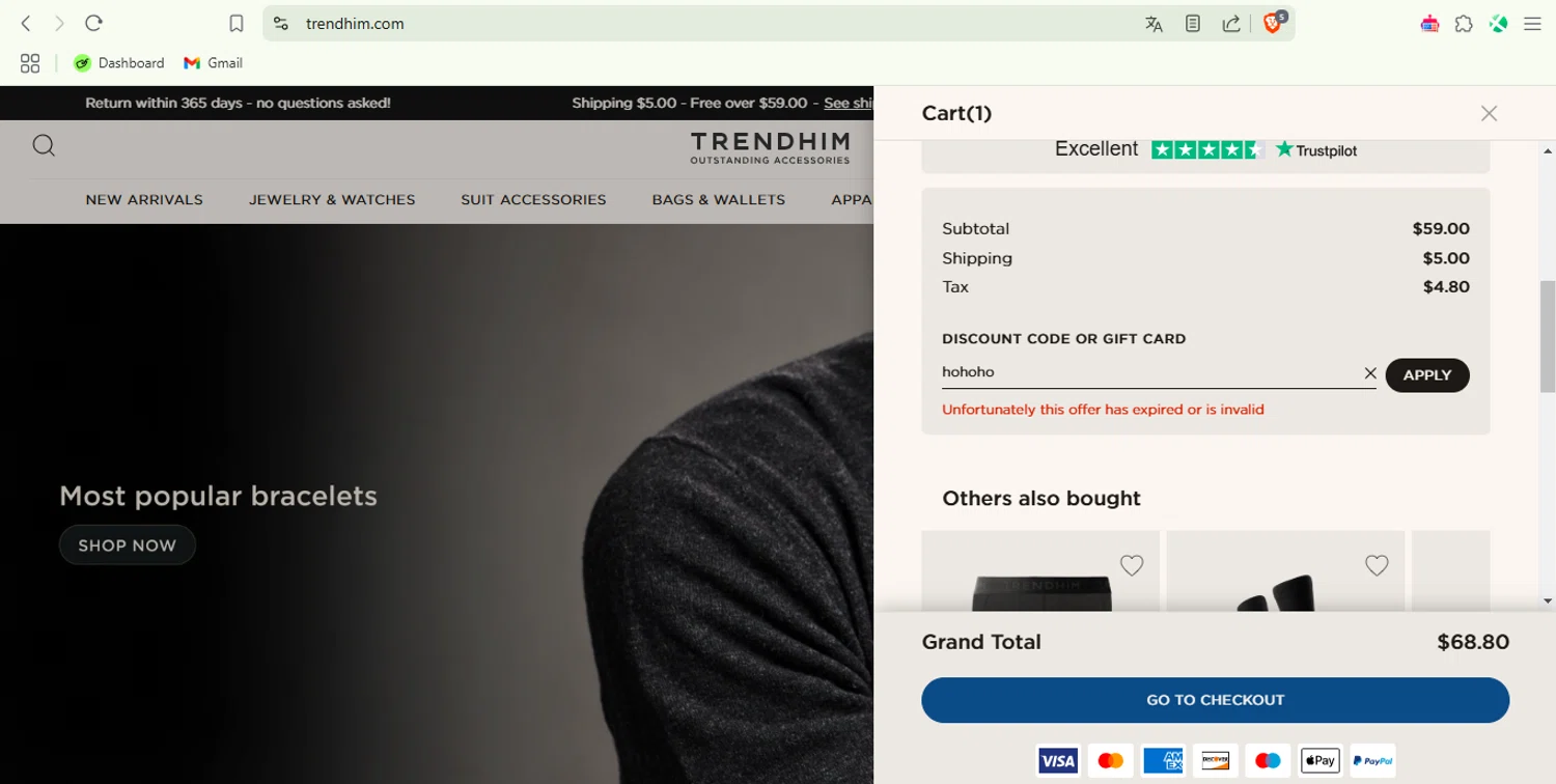Trendhim discount code screenshot showing code hohoho applied at Trendhim checkout page. Uploaded by SimplyCodes community member jairomalkovich on Feb 25, 2025