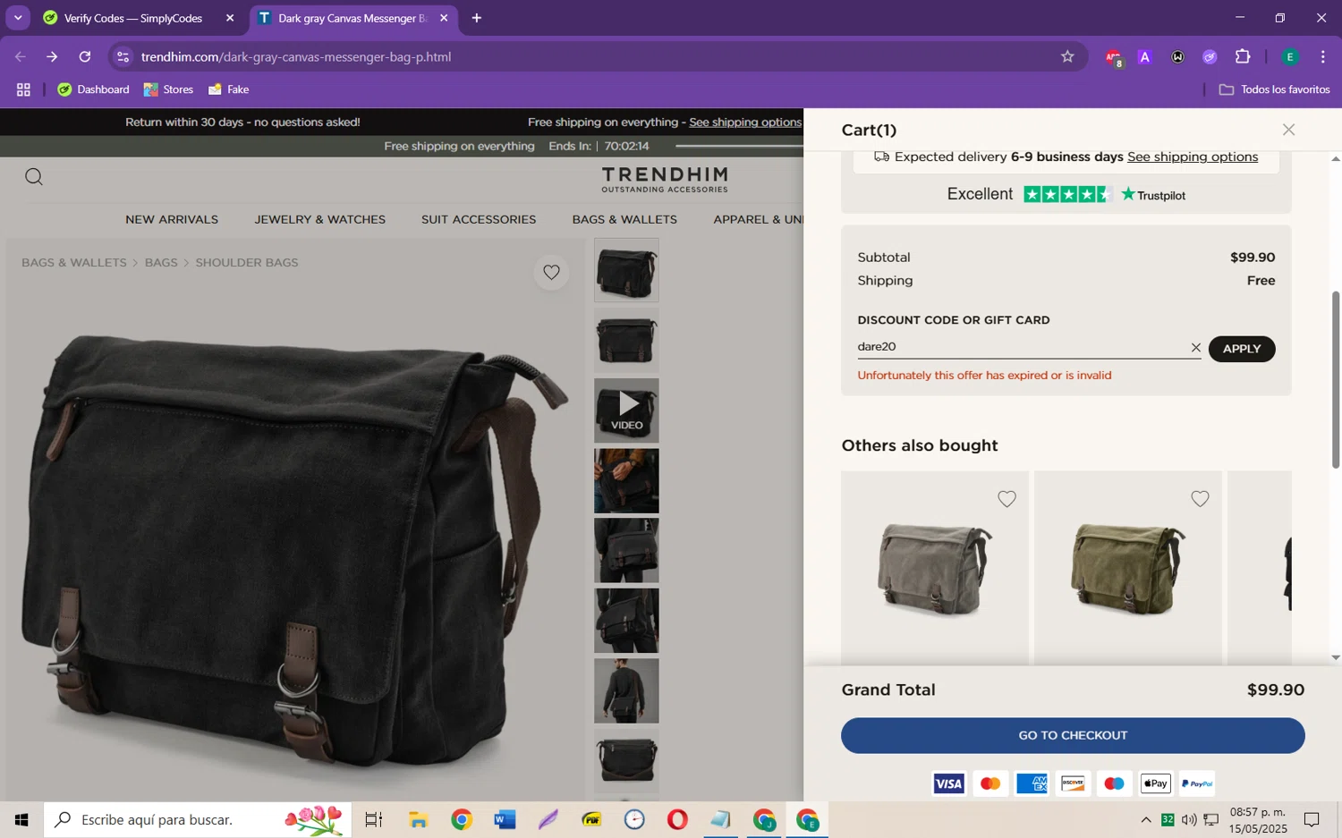 Trendhim discount code screenshot showing code dare20 applied at Trendhim checkout page. Uploaded by SimplyCodes community member RebateScholar429 on May 16, 2025