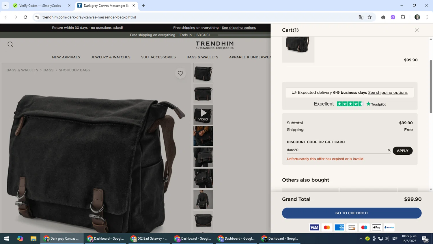 Trendhim discount code screenshot showing code dare20 applied at Trendhim checkout page. Uploaded by SimplyCodes community member CleverLynx6871 on May 16, 2025