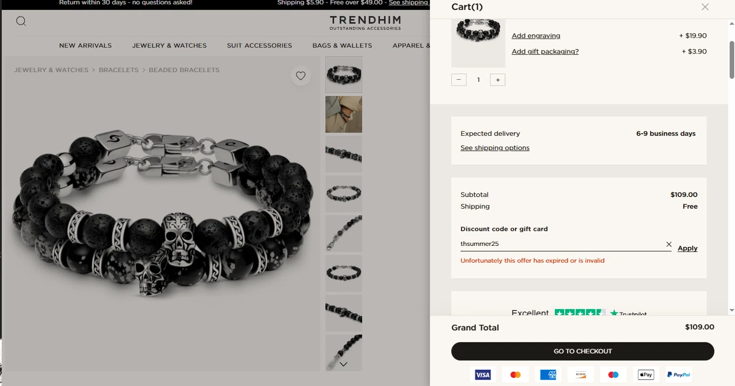 Trendhim discount code screenshot showing code thsummer25 applied at Trendhim checkout page. Uploaded by SimplyCodes community member CouponHero3179 on Jul 10, 2025