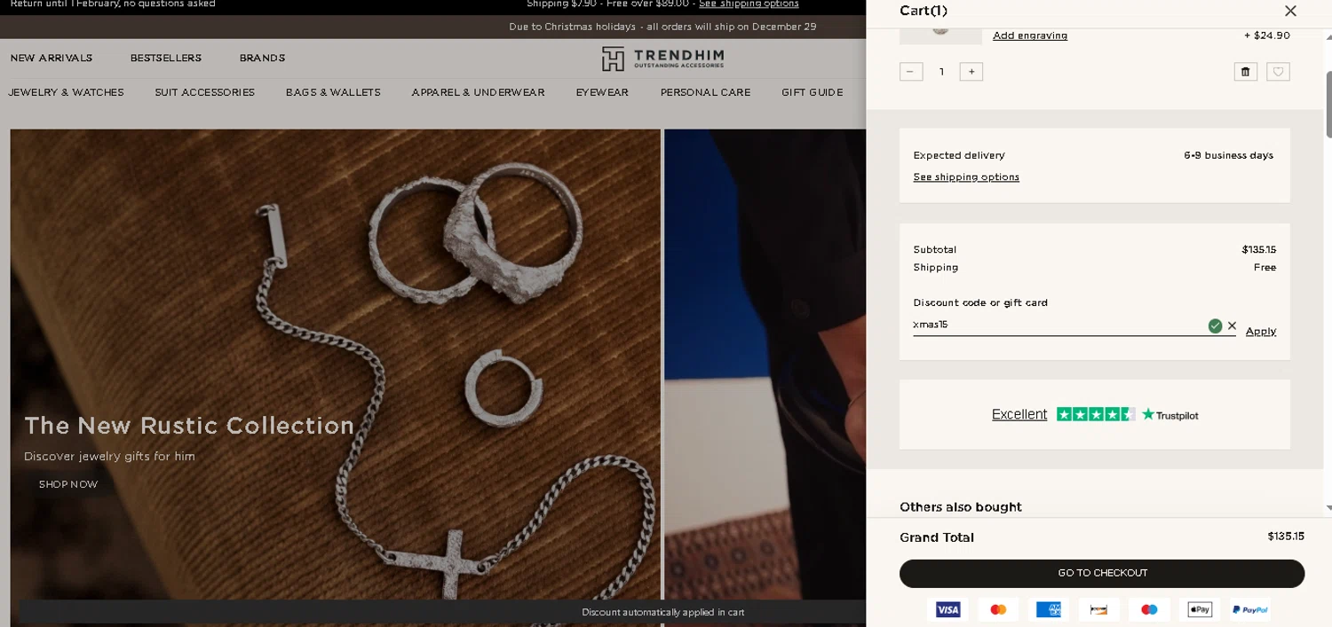 Trendhim discount code screenshot showing code xmas15 applied at Trendhim checkout page. Uploaded by SimplyCodes community member GoldAce6962 on Dec 24, 2025