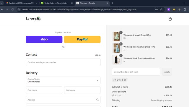 Trendia checkout page showing Trendia coupon code box | Screenshot taken by SimplyCodes community member on Sep 4, 2025