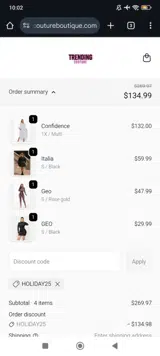 HOLIDAY25 coupon verification screenshot