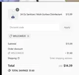 WELCOME20 coupon verification screenshot