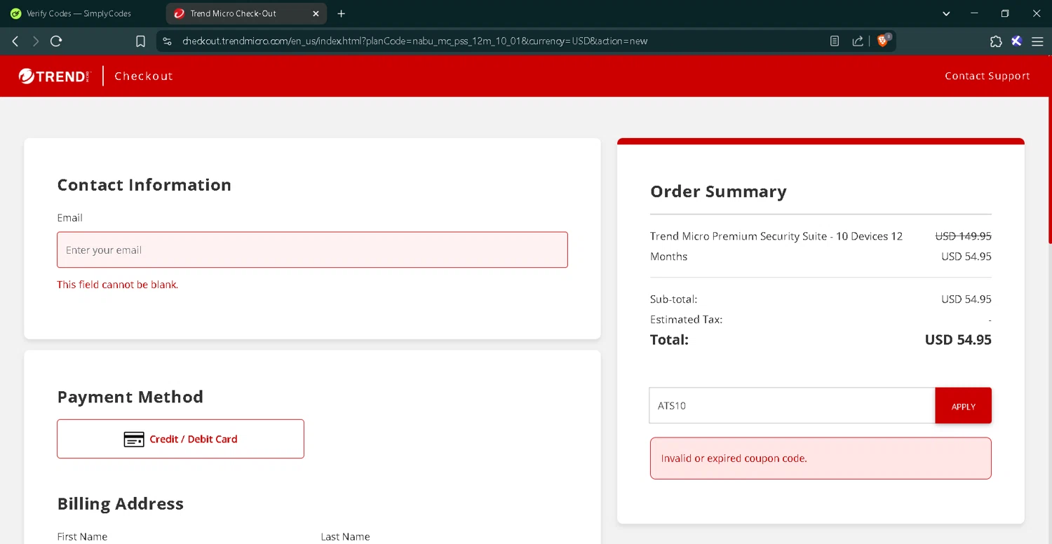 Trend Micro Busines promo code screenshot showing code ATS10 applied at Trend Micro Busines checkout page. Uploaded by SimplyCodes community member RoyalMaverick7546 on May 19, 2025