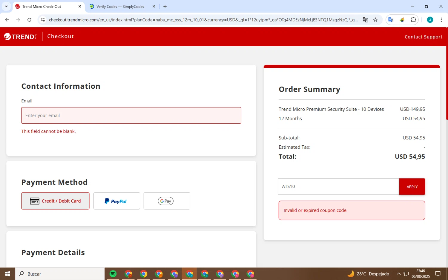 Trend Micro Busines promo code screenshot showing code ATS10 applied at Trend Micro Busines checkout page. Uploaded by SimplyCodes community member collug_2_0 on Aug 7, 2025