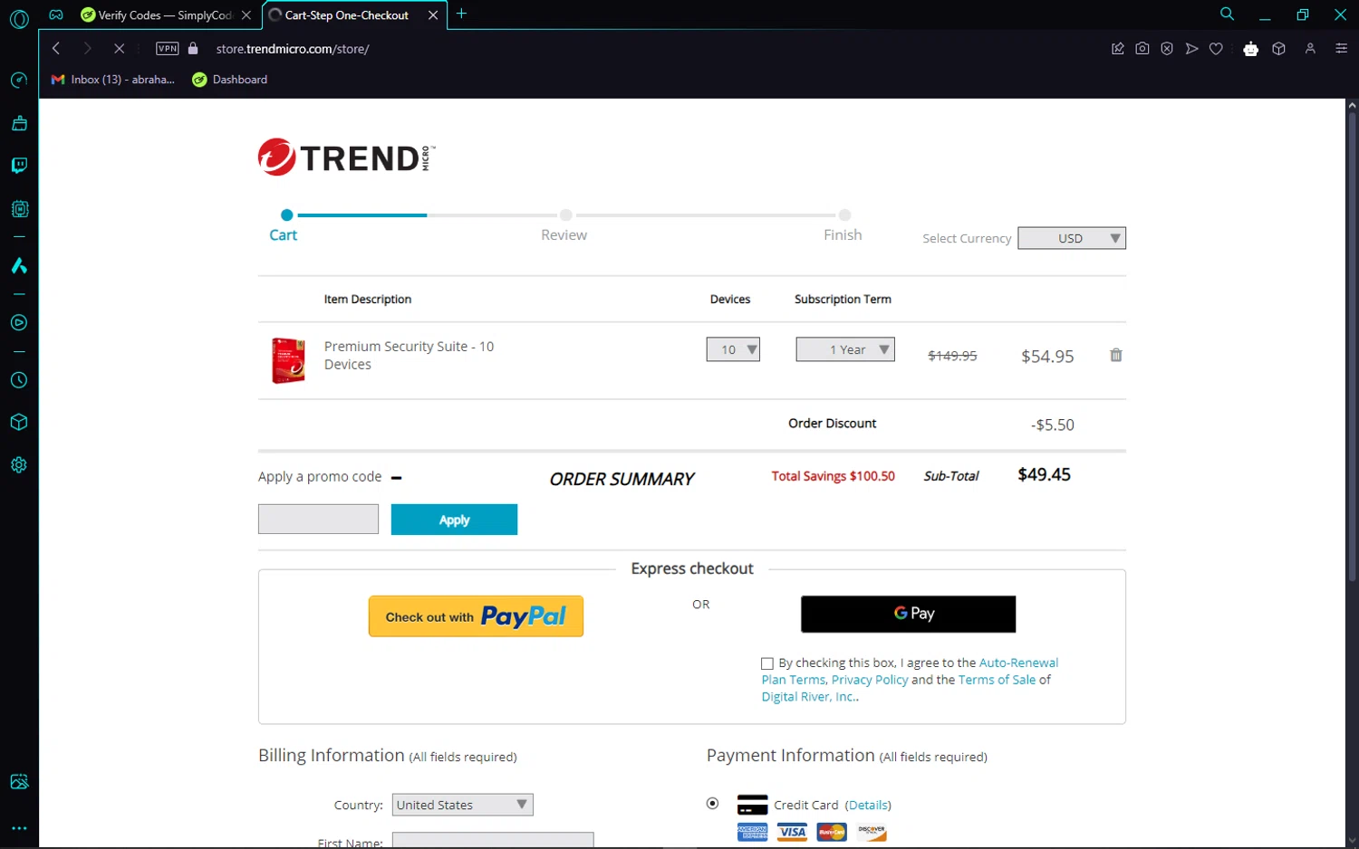 Trend Micro Busines promo code screenshot showing code PCSECURITY10 applied at Trend Micro Busines checkout page. Uploaded by SimplyCodes community member WonderPhoenix8283 on Jan 13, 2025