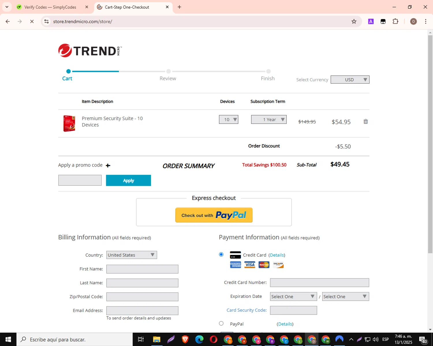 Trend Micro Busines promo code screenshot showing code PCSECURITY10 applied at Trend Micro Busines checkout page. Uploaded by SimplyCodes community member PromoHero8877 on Jan 13, 2025