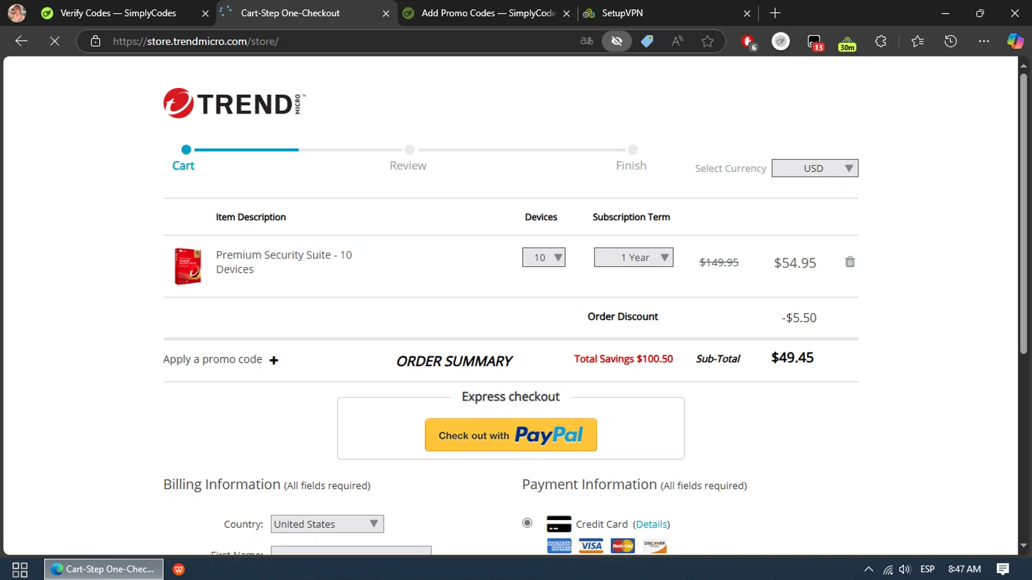 Trend Micro Busines checkout page showing Trend Micro Busines promo code box | Screenshot taken by SimplyCodes community member on Nov 16, 2024