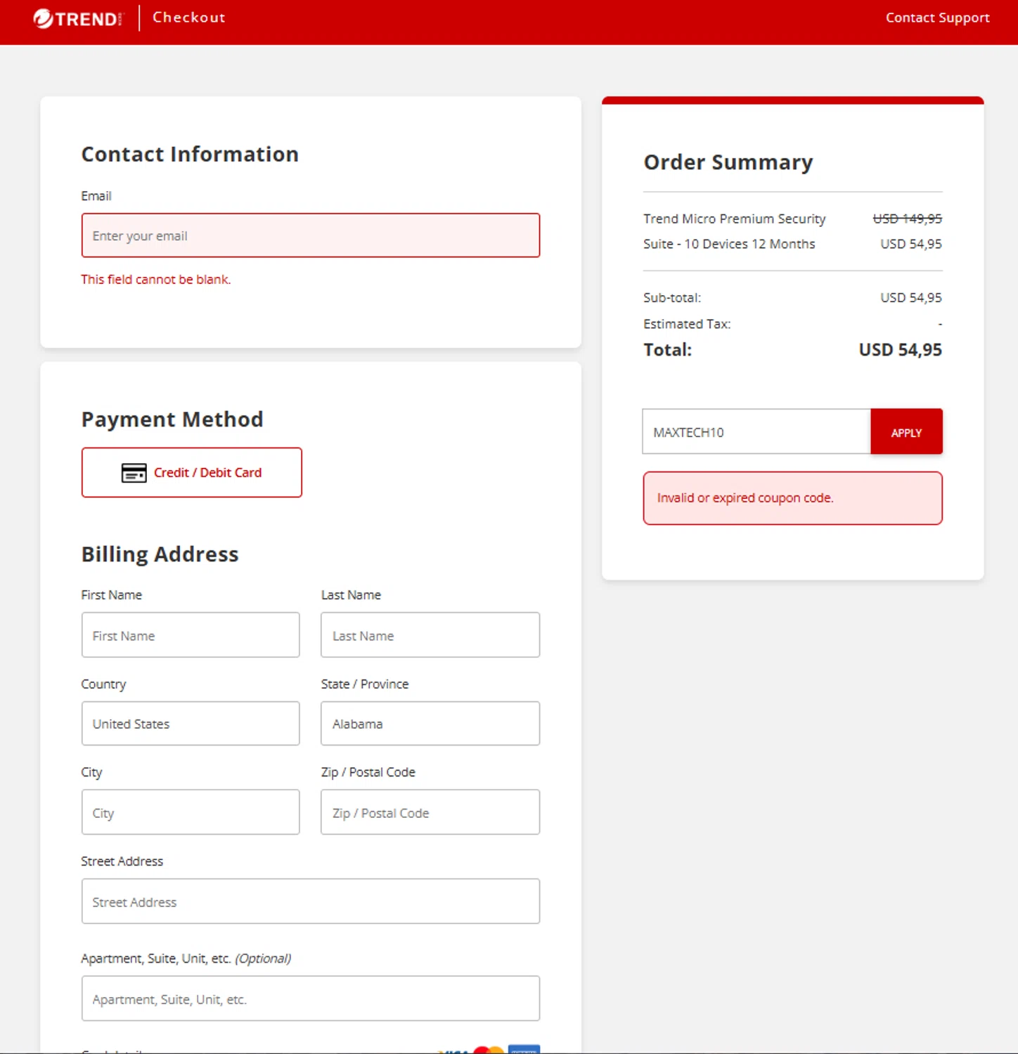 Trend Micro Busines promo code screenshot showing code MAXTECH10 applied at Trend Micro Busines checkout page. Uploaded by SimplyCodes community member Noah19 on May 19, 2025