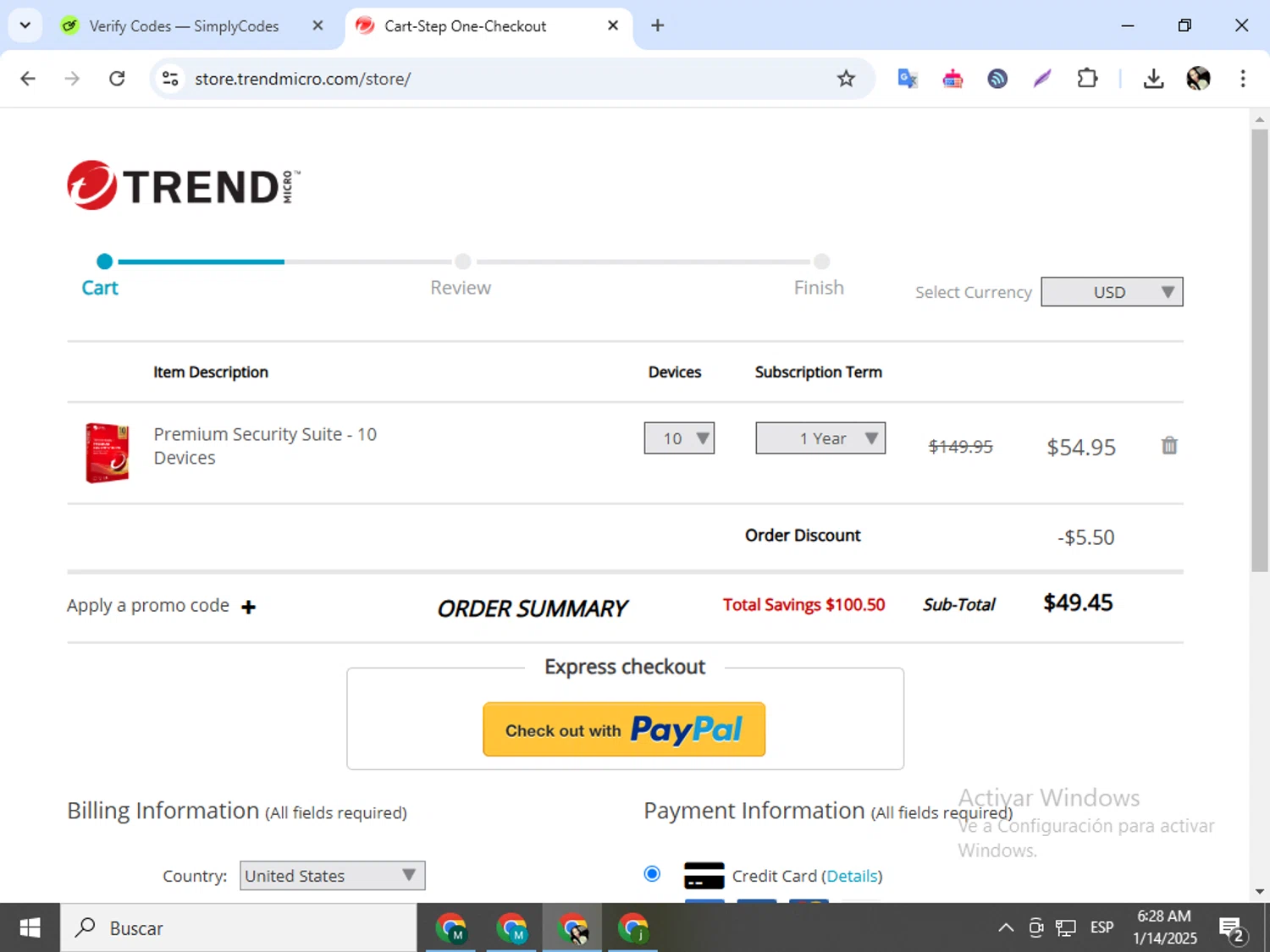 Trend Micro Busines checkout page showing Trend Micro Busines promo code box | Screenshot taken by SimplyCodes community member on Jan 14, 2025