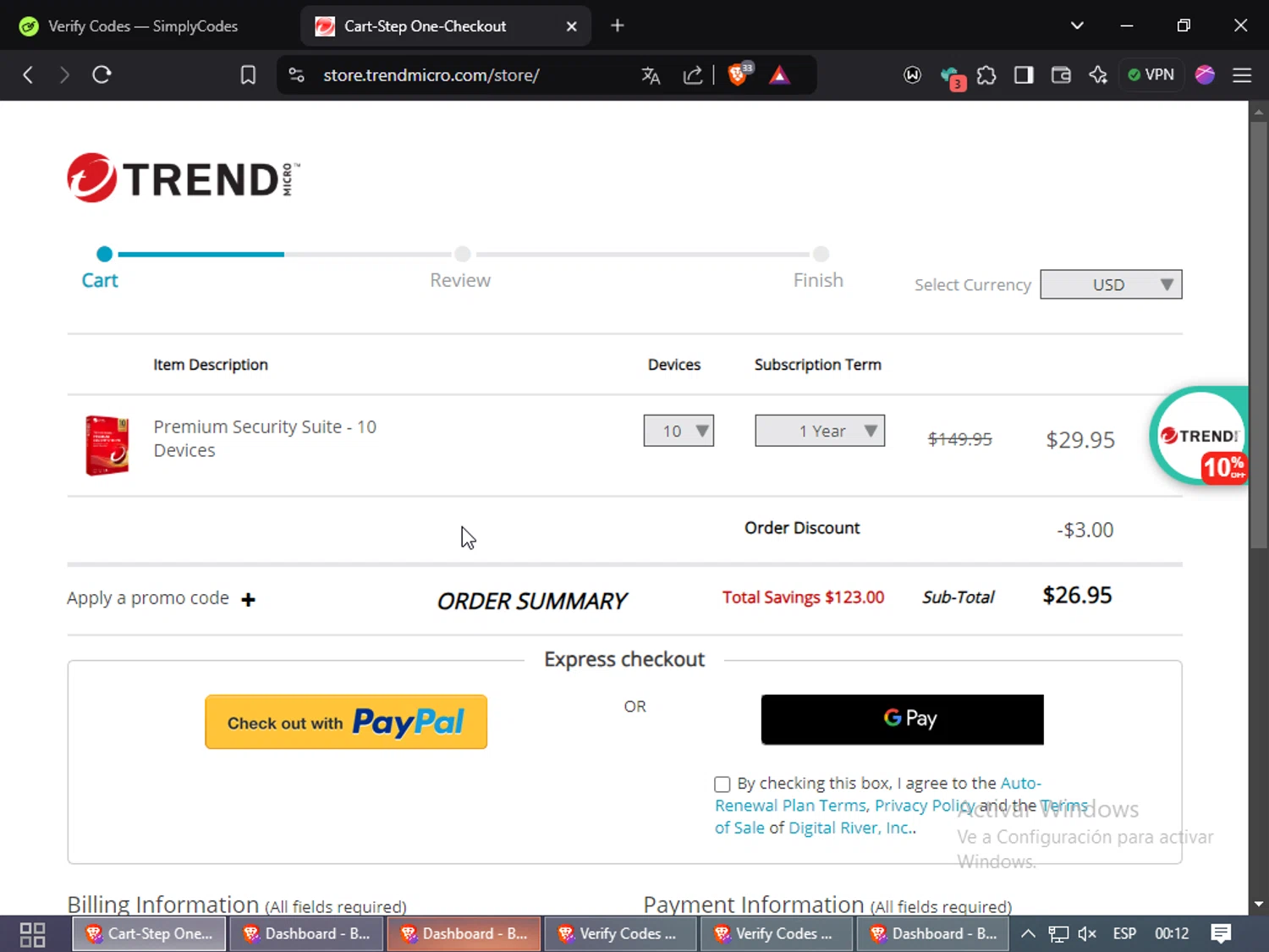 Trend Micro Busines checkout page showing Trend Micro Busines promo code box | Screenshot taken by SimplyCodes community member on Dec 2, 2024