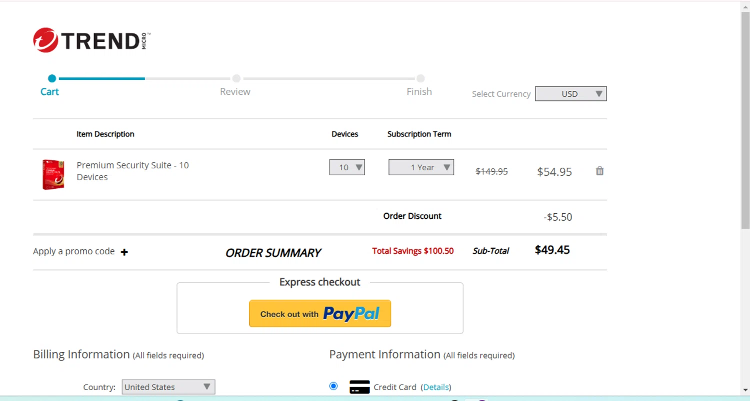 Trend Micro Busines checkout page showing Trend Micro Busines promo code box | Screenshot taken by SimplyCodes community member on Nov 11, 2024