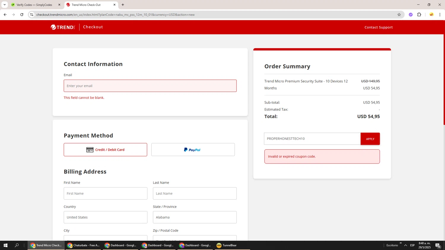Trend Micro Busines promo code screenshot showing code PROPERHONESTTECH10 applied at Trend Micro Busines checkout page. Uploaded by SimplyCodes community member Richard251 on May 29, 2025