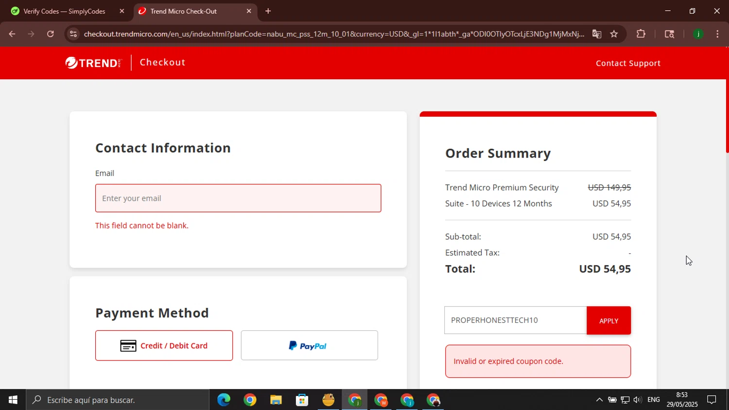Trend Micro Busines promo code screenshot showing code PROPERHONESTTECH10 applied at Trend Micro Busines checkout page. Uploaded by SimplyCodes community member jorgeroz on May 29, 2025