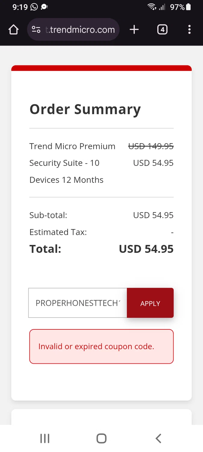 Trend Micro Busines promo code screenshot showing code PROPERHONESTTECH10 applied at Trend Micro Busines checkout page. Uploaded by SimplyCodes community member paulvergara on May 29, 2025