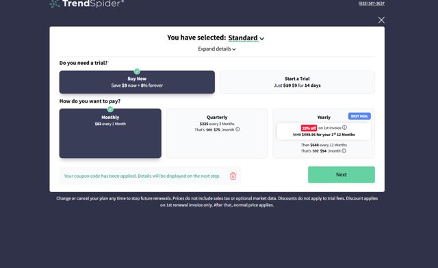 TrendSpider checkout page showing TrendSpider promo code box | Screenshot taken by SimplyCodes community member on Aug 10, 2025
