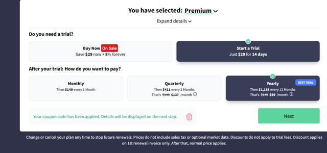 TrendSpider checkout page showing TrendSpider promo code box | Screenshot taken by SimplyCodes community member on Sep 8, 2025