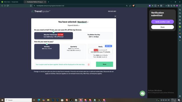 TrendSpider checkout page showing TrendSpider promo code box | Screenshot taken by SimplyCodes community member on Jul 12, 2025