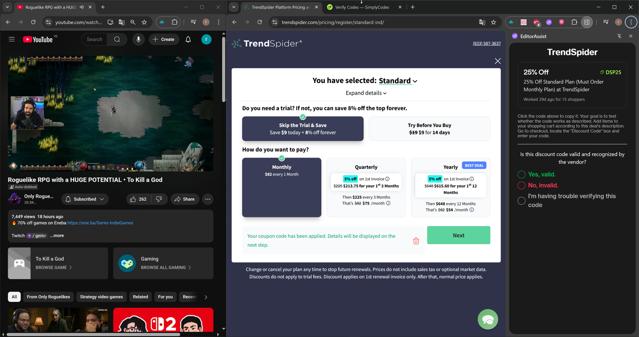 TrendSpider checkout page showing TrendSpider promo code box | Screenshot taken by SimplyCodes community member on Jun 13, 2025