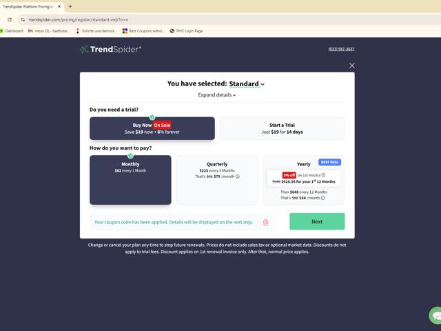 TrendSpider checkout page showing TrendSpider promo code box | Screenshot taken by SimplyCodes community member on Sep 7, 2025