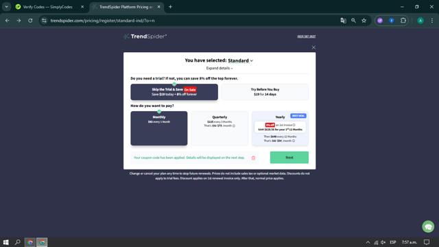 TrendSpider checkout page showing TrendSpider promo code box | Screenshot taken by SimplyCodes community member on Jul 11, 2025