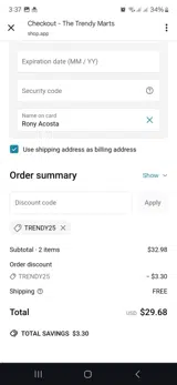 Trendy25 coupon verification screenshot