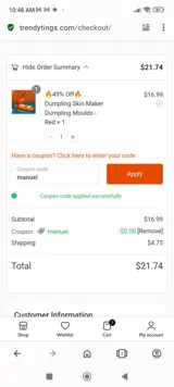 Trendy Tings coupon verification screenshot