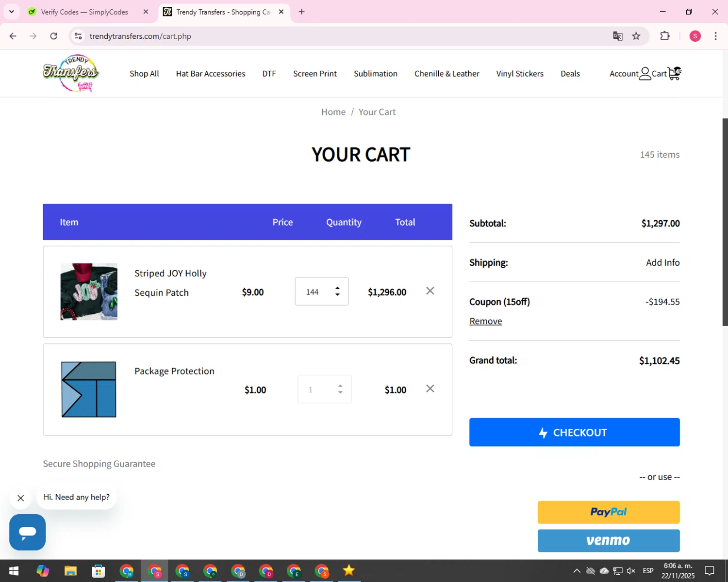 Trendy Transfers coupon code screenshot showing code 15off applied at Trendy Transfers checkout page. Uploaded by SimplyCodes community member 00000056 on Nov 22, 2025