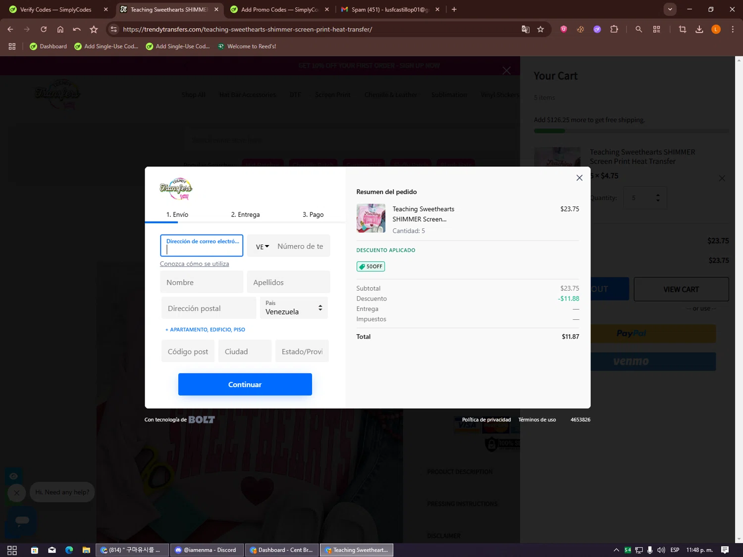 Trendy Transfers checkout page showing Trendy Transfers coupon code box | Screenshot taken by SimplyCodes community member on Sep 14, 2025