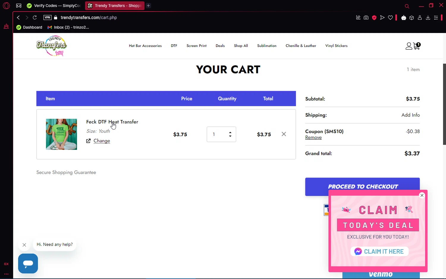 Trendy Transfers coupon code screenshot showing code SMS10 applied at Trendy Transfers checkout page. Uploaded by SimplyCodes community member SaleRanger1 on Mar 7, 2025