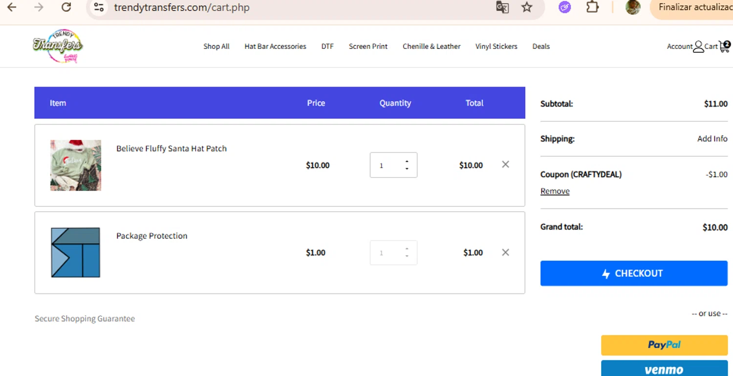 Trendy Transfers coupon code screenshot showing code CRAFTYDEAL applied at Trendy Transfers checkout page. Uploaded by SimplyCodes community member BudgetLion5814 on Oct 16, 2025