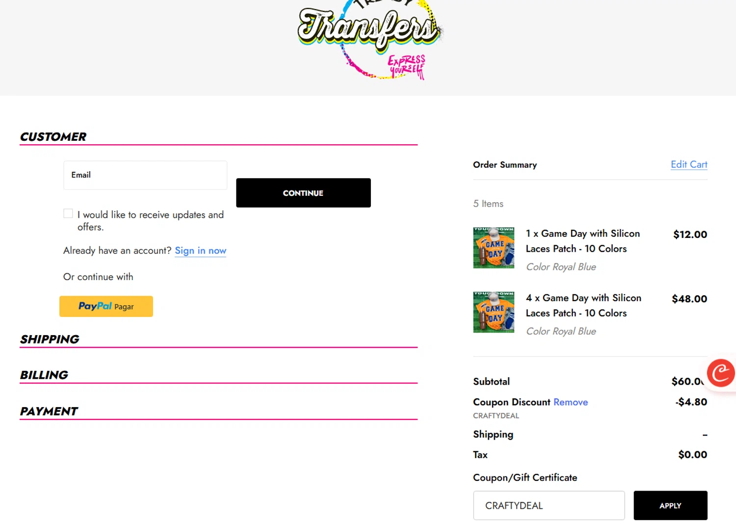 Trendy Transfers coupon code screenshot showing code CRAFTYDEAL applied at Trendy Transfers checkout page. Uploaded by SimplyCodes community member widdyto on Aug 19, 2025