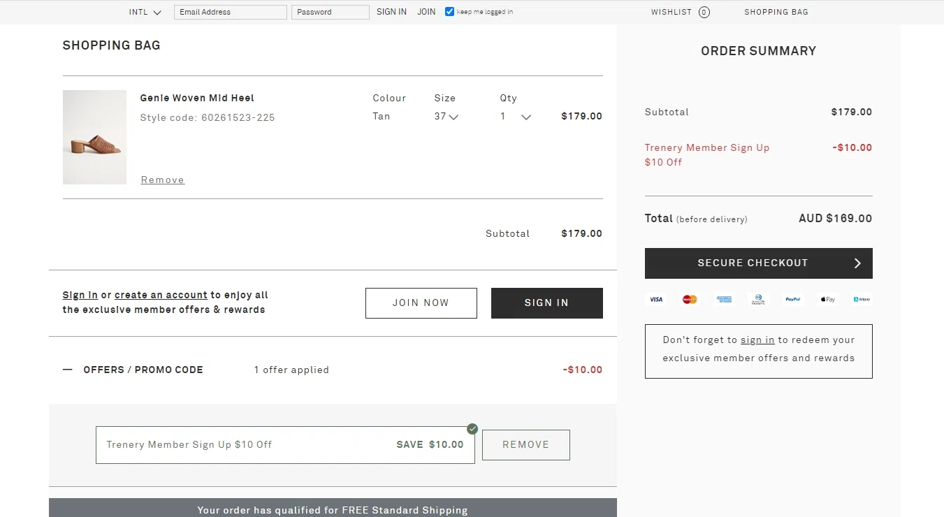 Trenery checkout page showing Trenery promo code box | Screenshot taken by SimplyCodes community member on Nov 12, 2020