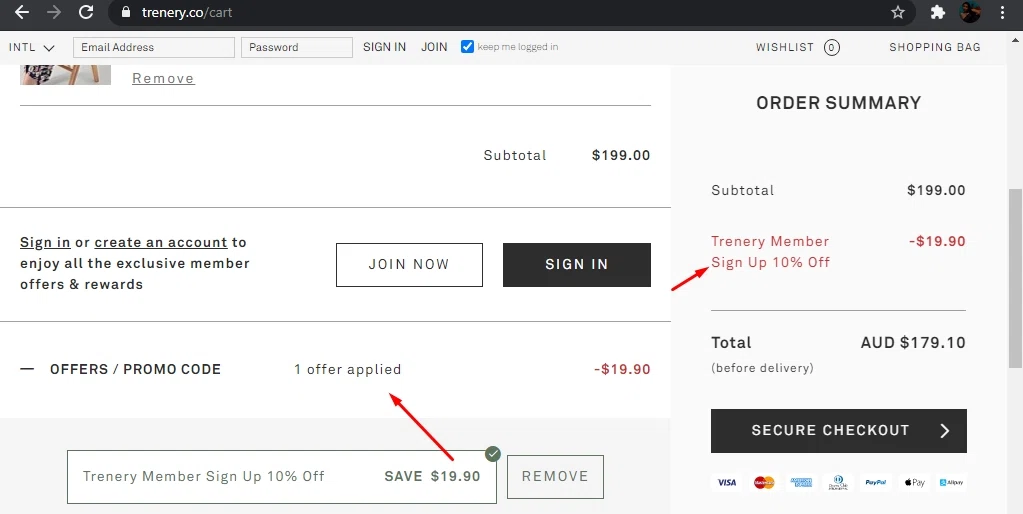 Trenery checkout page showing Trenery promo code box | Screenshot taken by SimplyCodes community member on Oct 1, 2021