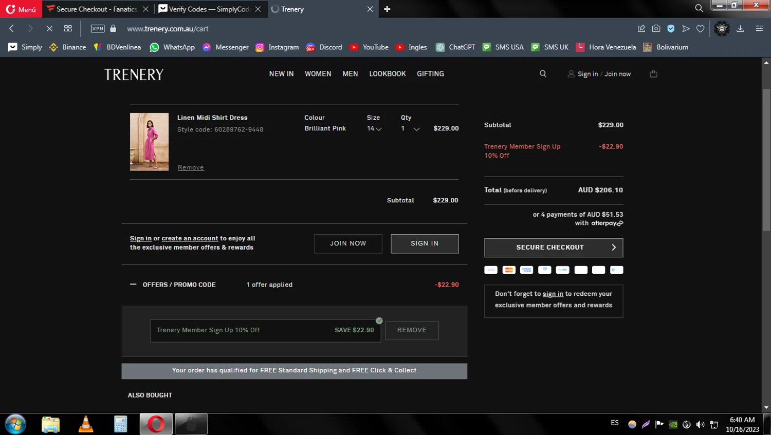 Trenery checkout page showing Trenery promo code box | Screenshot taken by SimplyCodes community member on Oct 16, 2023
