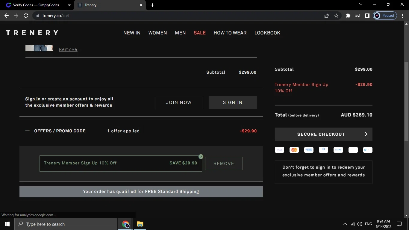 Trenery checkout page showing Trenery promo code box | Screenshot taken by SimplyCodes community member on Jun 14, 2022