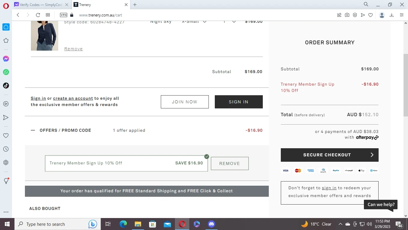 Trenery checkout page showing Trenery promo code box | Screenshot taken by SimplyCodes community member on Mar 30, 2023