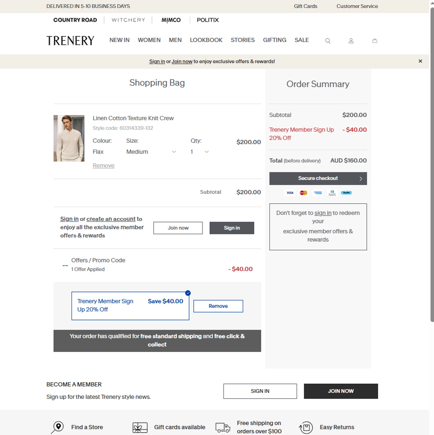 Trenery promo code screenshot showing code TRSPRING20 applied at Trenery checkout page. Uploaded by SimplyCodes community member reggiesmith on Jan 20, 2026