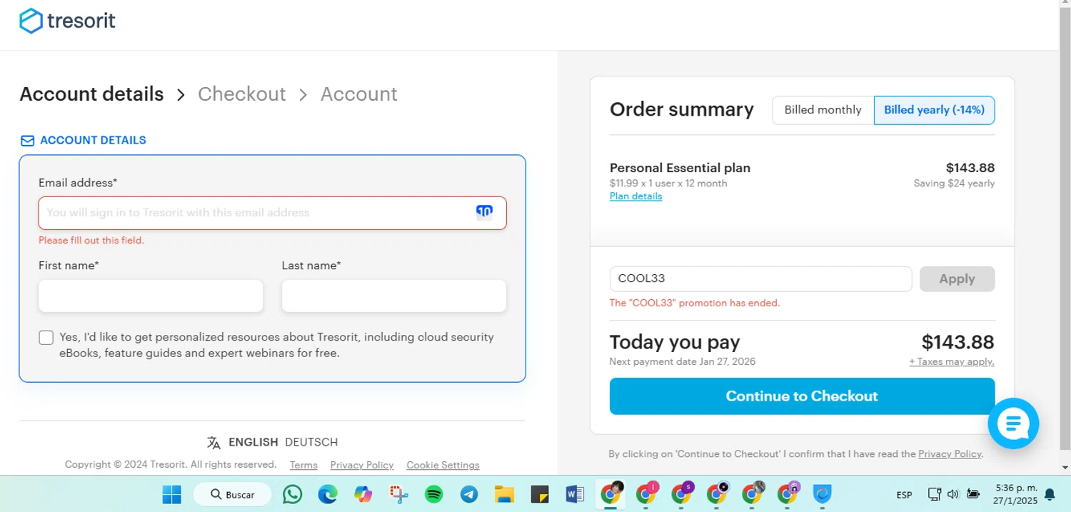 Tresorit promo code screenshot showing code COOL33 applied at Tresorit checkout page. Uploaded by SimplyCodes community member luisaballera on Jan 27, 2025