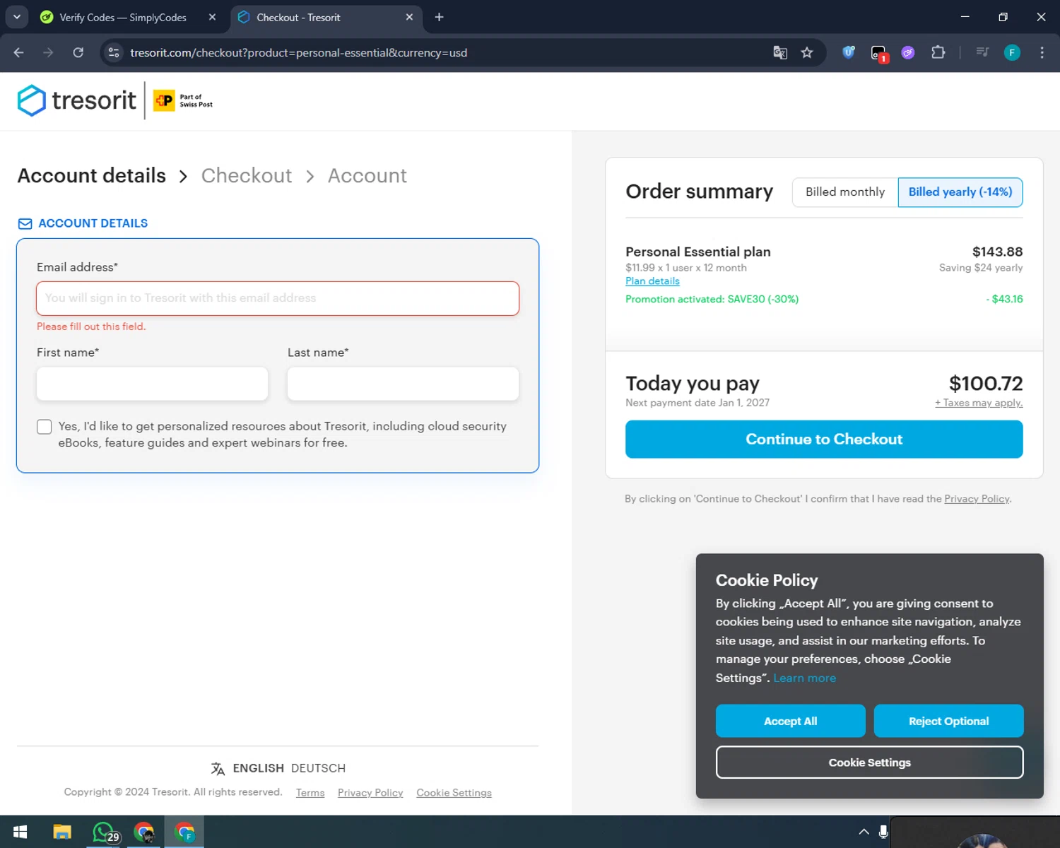 Tresorit checkout page showing Tresorit promo code box | Screenshot taken by SimplyCodes community member on Jan 1, 2026