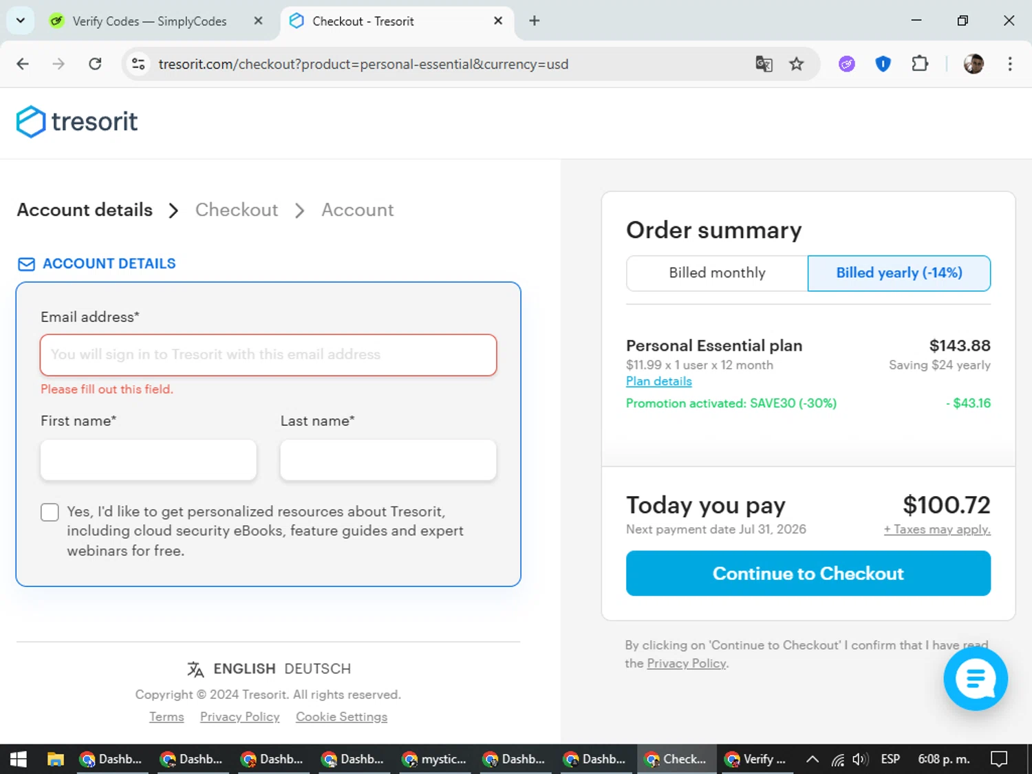 Tresorit promo code screenshot showing code SAVE30 applied at Tresorit checkout page. Uploaded by SimplyCodes community member DiscountSeeker682 on Jul 31, 2025