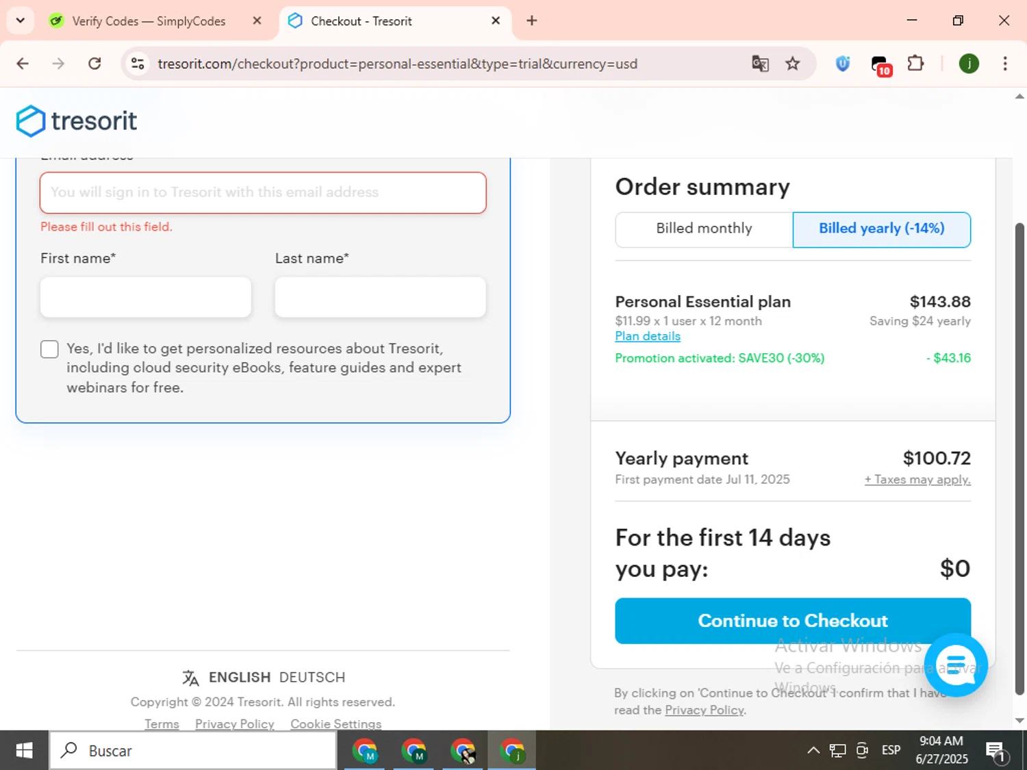 Tresorit promo code screenshot showing code SAVE30 applied at Tresorit checkout page. Uploaded by SimplyCodes community member SavingsCollector2592 on Jun 27, 2025